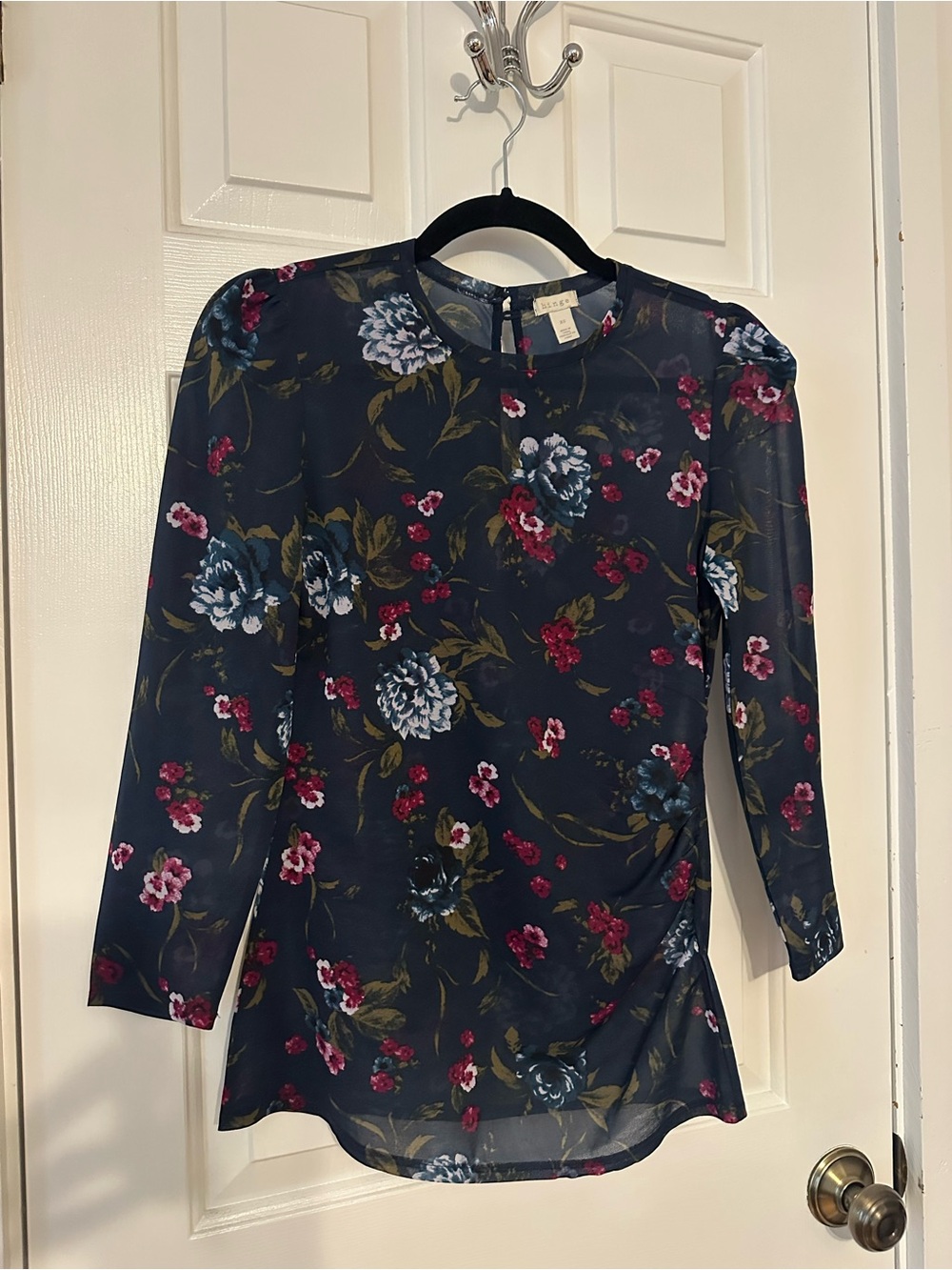 hinge Navy Floral Sheer Blouse with Pink Accents